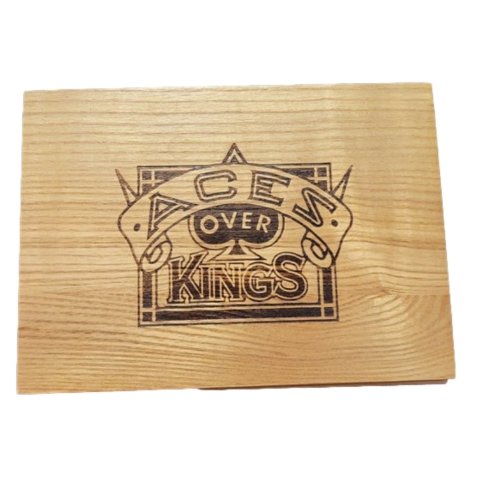 ACES OVER KINGS WOODEN CARD BOX WITH 2 DECKS OF POKER CARDS
